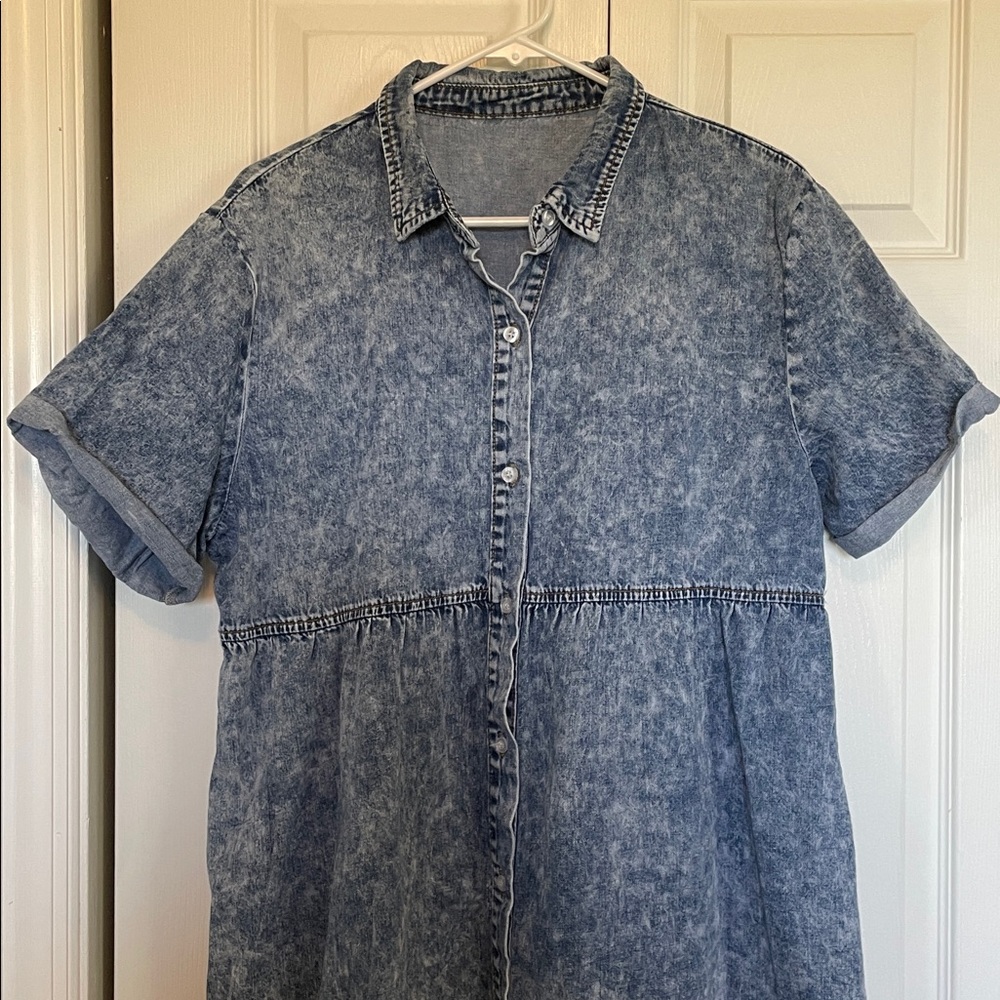 Women’s XL short-cuffed sleeve, button-down, tiered denim midi dress acid washed - Picture 3 of 10